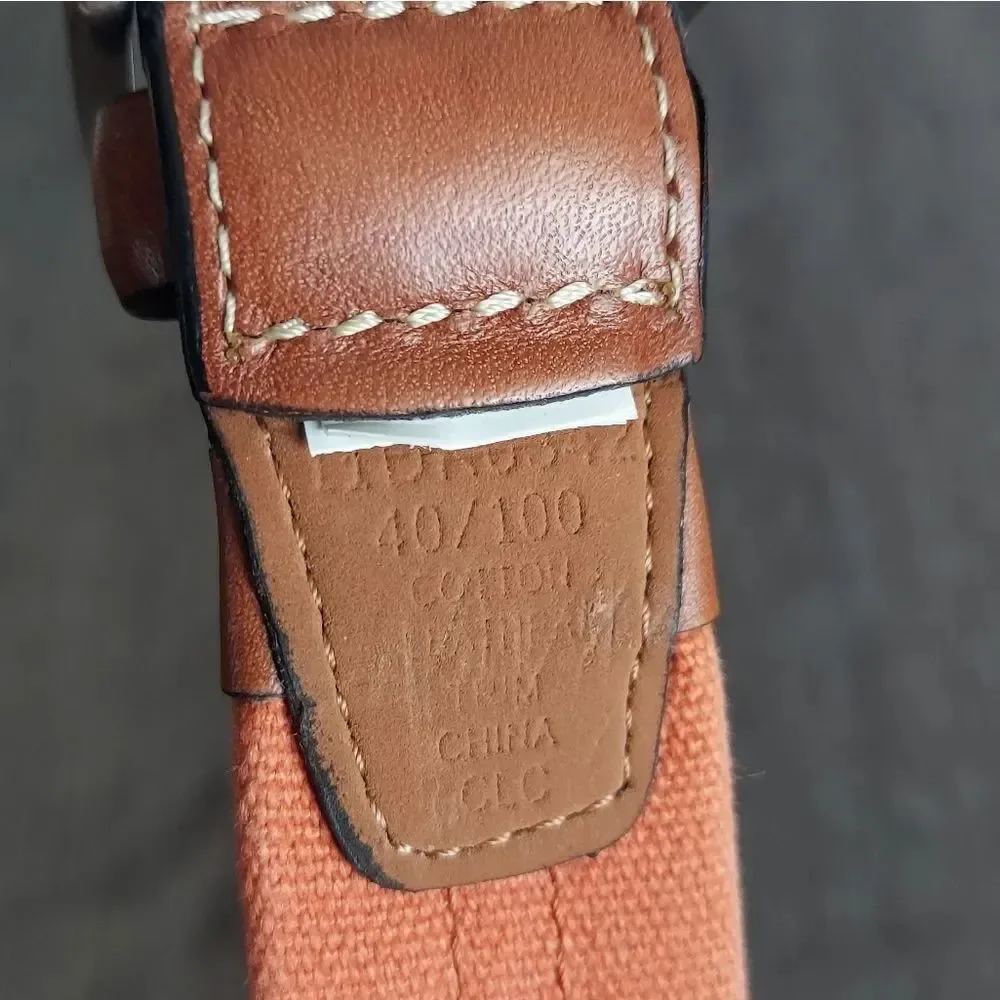 Men's Orange Cotton Canvas Web Belt with Brown Leather Trim Sz 40